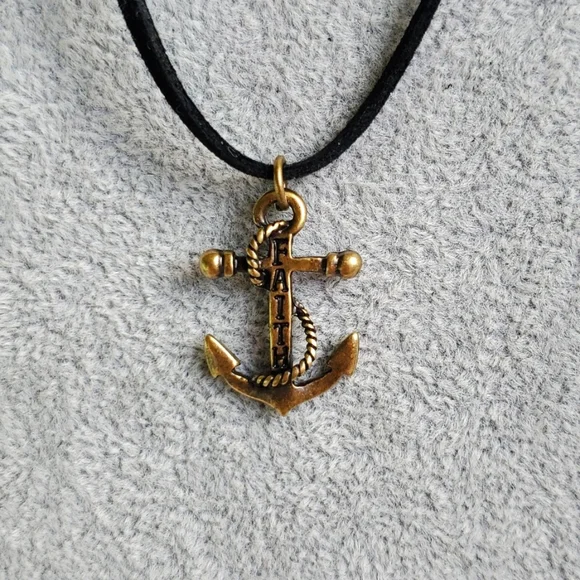 Mens Faith brass anchor charm black suede necklace - Picture 3 of 4